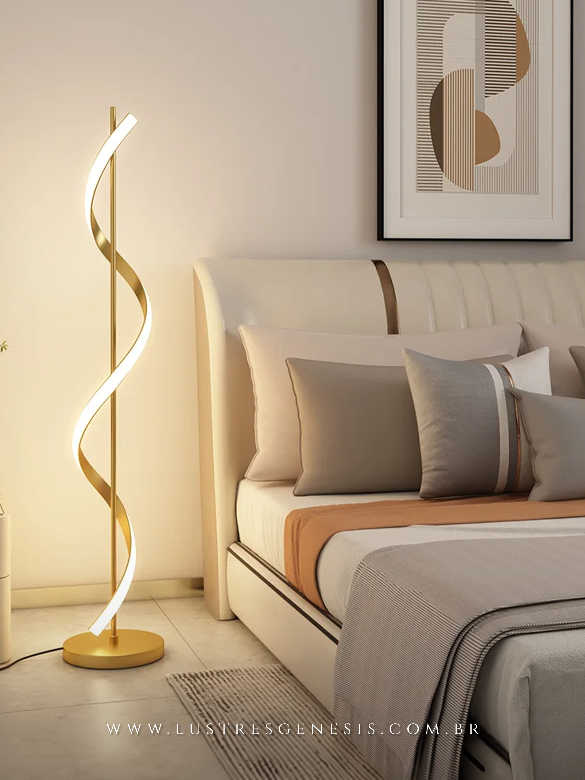 Luminária de chão LED dourada Ávila de 1,40m, com design moderno e elegante, ideal para decoração de luxo em salas e quartos.